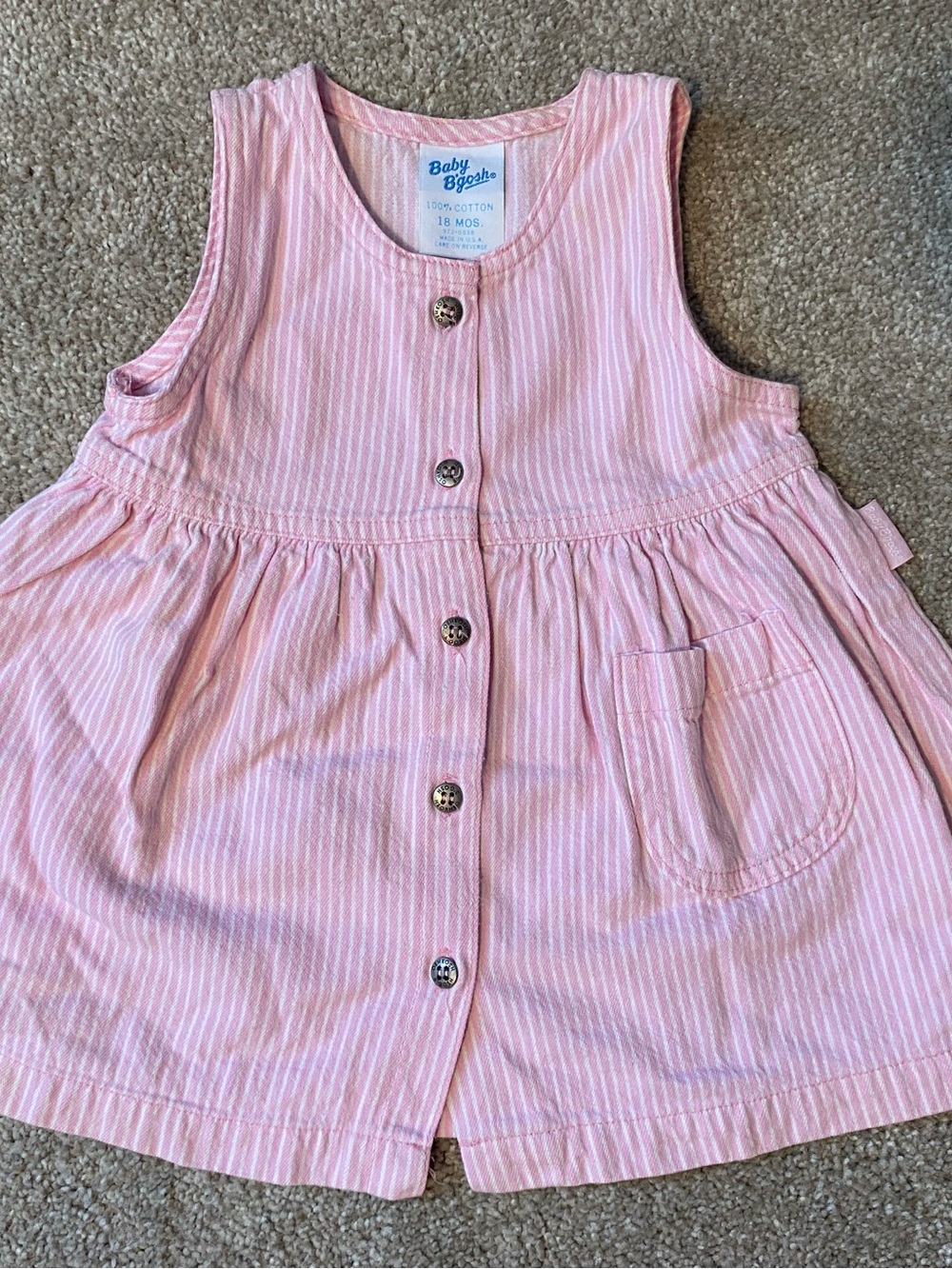 Vintage Oshkosh Baby Girl 18 months B'gosh Pink Striped Denim Jumper Dress